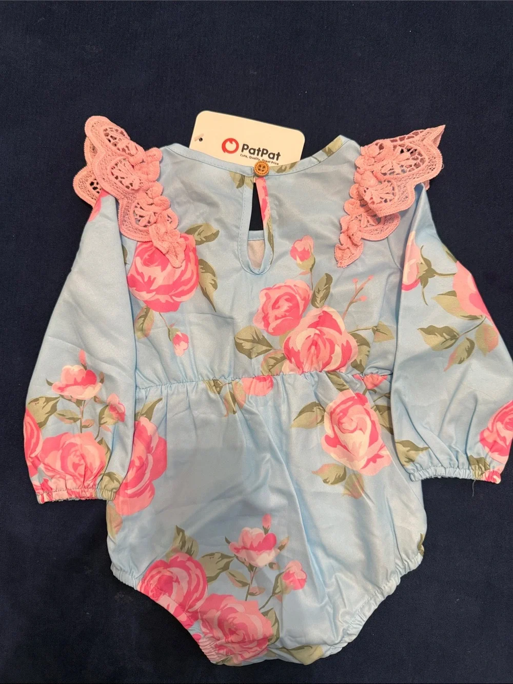 Blue Floral Lace-Trim Long-Sleeve One-Piece